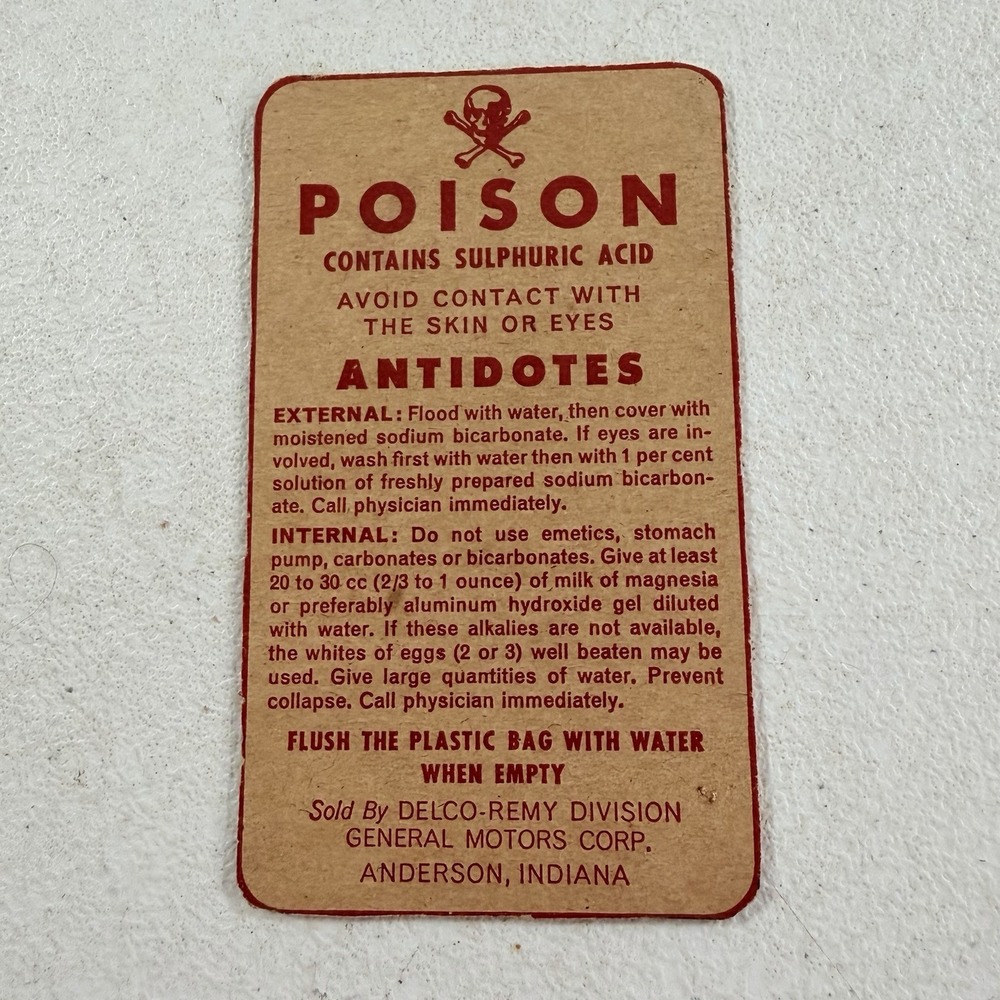 Vintage 1950's/1960's GM General Motors Delco-Remy Poison Warning Cardboard Card